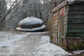 Destroyed or collapsed gazebo or pavillion in front of bellevue building in Ljubljana, which is slowly and shamefully Royalty Free Stock Photo