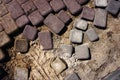 Destroyed footpath. Poor quality work of the contractor and violation of the paving technology. View from above. Close-up Royalty Free Stock Photo