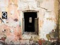 Destroyed house after a fire. Old brick building with Windows Royalty Free Stock Photo