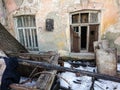 Destroyed house after a fire. Old brick building with Windows Royalty Free Stock Photo