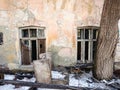 Destroyed house after a fire. Old brick building with Windows Royalty Free Stock Photo