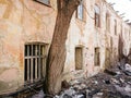 Destroyed house after a fire. Old brick building with Windows Royalty Free Stock Photo