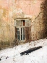 Destroyed house after a fire. Old brick building with Windows Royalty Free Stock Photo