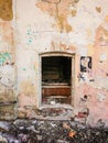 Destroyed house after a fire. Old brick building with Windows Royalty Free Stock Photo