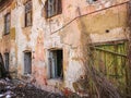 Destroyed house after a fire. Old brick building with Windows Royalty Free Stock Photo