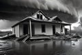 Destroyed House Stands as Remnants Amidst the Deluge: Battered by the Continuous Onslaught of a Violent Storm