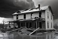 Destroyed House Stands as Remnants Amidst the Deluge: Battered by the Continuous Onslaught of a Violent Storm