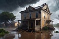 Destroyed House Stands Solemnly Amidst a Raging Storm: Floodwaters Reaching Halfway up its Crumbling Walls