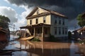 Destroyed House Stands Solemnly Amidst a Raging Storm: Floodwaters Reaching Halfway up its Crumbling Walls