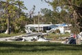 Destroyed by hurricane suburban houses in Florida mobile home residential area. Consequences of natural disaster