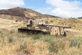 Destroyed Israeli tank is after the Doomsday Yom Kippur War on the Golan Heights in Israel, near the border with Syria