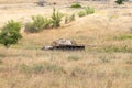 Destroyed Israeli tank is after the Doomsday Yom Kippur War on the Golan Heights in Israel, near the border with Syria