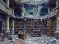 A destroyed library with books scattered everywhere Royalty Free Stock Photo