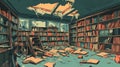 Destroyed Library Books Scattered Floor Ceiling Damaged Royalty Free Stock Photo