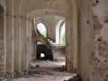 Destroyed Lutheran church of 19th century against blue sky in former canton of Schaefer in Saratov region. Outdoor. Travel to Royalty Free Stock Photo