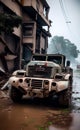 Destroyed military vehicle in a war zone