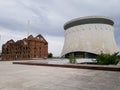 Destroyed mill building and Museum Panorama of Stalingrad in Volgograd