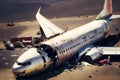 Destroyed passenger plane lies on the ground after the crash. Generative AI technology