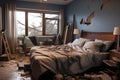 Destroyed people\'s houses, broken windows, destroyed apartments after tornado. danger nature