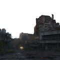 Destroyed post apocalyptic town with ruins and debris. 3D digital illustration. PNG background file Royalty Free Stock Photo