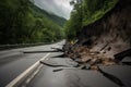 Destroyed road asphalt mountains landslide. Generate Ai Royalty Free Stock Photo