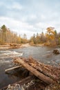 Destroyed road wooden bridge in the distant taiga area Royalty Free Stock Photo