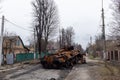 destroyed russian war tanks on the streets of bucha ukraine after an ambush by the ukrainian army