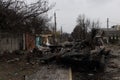 destroyed russian war tanks on the streets of bucha ukraine after an ambush by the ukrainian army