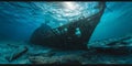 Destroyed shipwreck at the bottom of the ocean underwater