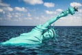 Destroyed Statue of liberty half covered by rising ocean level. Apocalypse of USA, America and the end of civilization concept