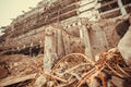 Destroyed structure and engineer works for demolition and construction of buildings at industrial site