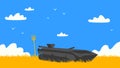 A destroyed tank in front of a yellow field and blue sky Royalty Free Stock Photo