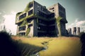 destroyed towers and technical buildings in abandoned house overgrown with grass and plants