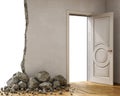 Destroyed wall and fallen stones with an open door on the side, 3d