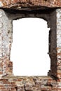 Destroyed wall of old bricks with a hole in the middle. isolated on white background. grunge frame. vertical frame Royalty Free Stock Photo