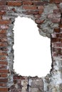 Destroyed wall of old bricks with a hole in the middle. isolated on white background. grunge frame. vertical frame Royalty Free Stock Photo