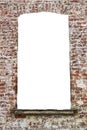 destroyed wall of old bricks with a hole in the middle. isolated on white background. grunge frame. vertical frame Royalty Free Stock Photo