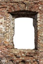 destroyed wall of old bricks with a hole in the middle. isolated on white background. grunge frame. vertical frame Royalty Free Stock Photo