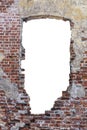 destroyed wall with a red brick hole in the middle. isolated on white background. vertical frame. grunge frame Royalty Free Stock Photo