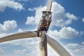 Destroyed windmill, wind power accident, short circuit and fire damaged the wind turbine Royalty Free Stock Photo