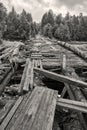 Destroyed wooden bridge across the river Suna in Karelia Russia. Royalty Free Stock Photo