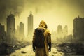 Destroyed world with man standing with yellow protection suit to avoid polluted air.