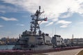 The destroyer Donald Kook in the port of Odessa.USS Donald Cook DDG-75 Odessa. Ukraine. 2019.02.25. Black Sea Royalty Free Stock Photo