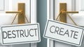 Destruct and create as a choice - pictured as words Destruct, create on doors to show that Destruct and create are opposite Royalty Free Stock Photo