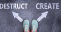 Destruct and create as different choices in life - pictured as words Destruct, create on a road to symbolize making decision and Royalty Free Stock Photo