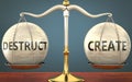 Destruct and create staying in balance - pictured as a metal scale with weights and labels destruct and create to symbolize Royalty Free Stock Photo