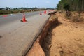 Destruction of asphalt highways road after hard rain storm and f