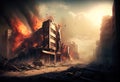 Destruction of city with fires explosions and collaps illustration. Ai generative Royalty Free Stock Photo