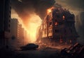 Destruction of city with fires explosions and collaps illustration. Ai generative Royalty Free Stock Photo