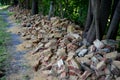 Destruction of the garden fence. badly fired bricks succumbed to erosion. water and snow flowed inside the wall and the frost tore